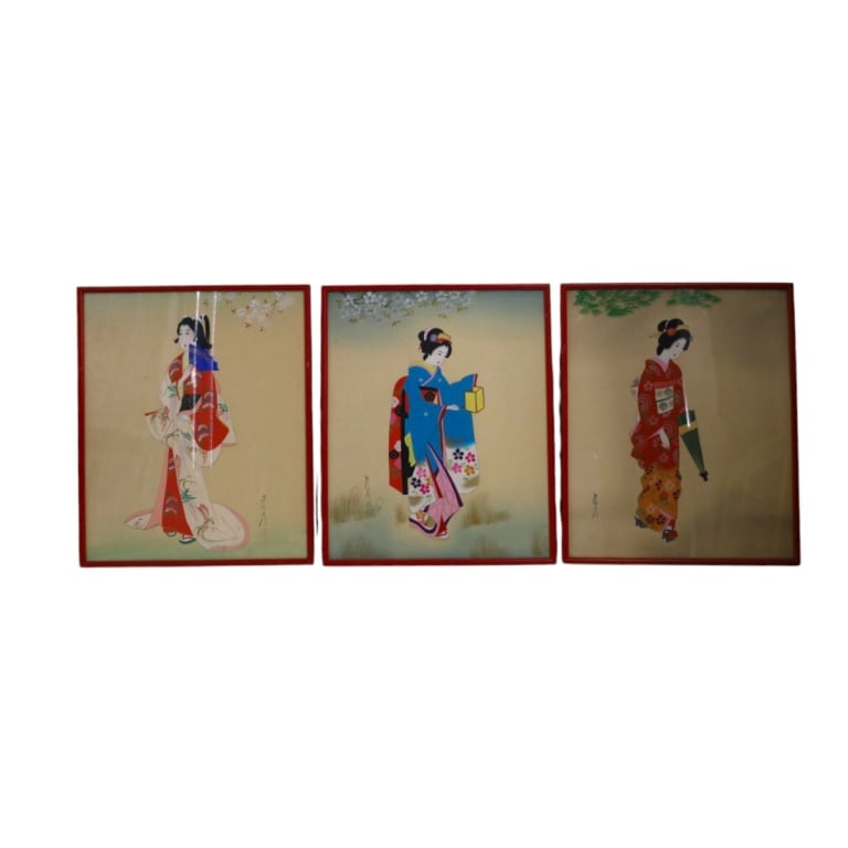 3 Mid Century Japanese Paintings on Silk "Geishas": 3 Mid Century Japanese Paintings on Silk . Each depicts a Geisha on colorful costume. Signed lower left. Framed and under glass. Measures 17" x 14" overall including frames. Condition: Toning from