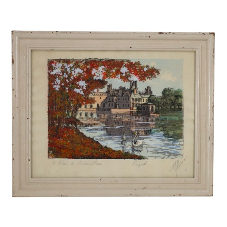 Vintage Color Woodblock Le Palais de Fontainebleau: Vintage Color Woodblock Print "Le Palais de Fontainebleau". Inscribed and signed illegibly by the artist. Framed under glass. Measures 10-1/2" x 13-1/2" (sight), frame 13-1/2" x 16-1/2". Condition: