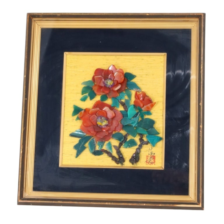 Japanese Kiseki-ga Gemstone Painting "Flowers": Vintage Japanese "Kiseki-ga" Gemstone Painting "Flowers". Agate, malachite, carnelian etc. in Shadowbox frame. Signed and stamped. Measures 18-1/4" x 17". Condition: Wear to frame or in good