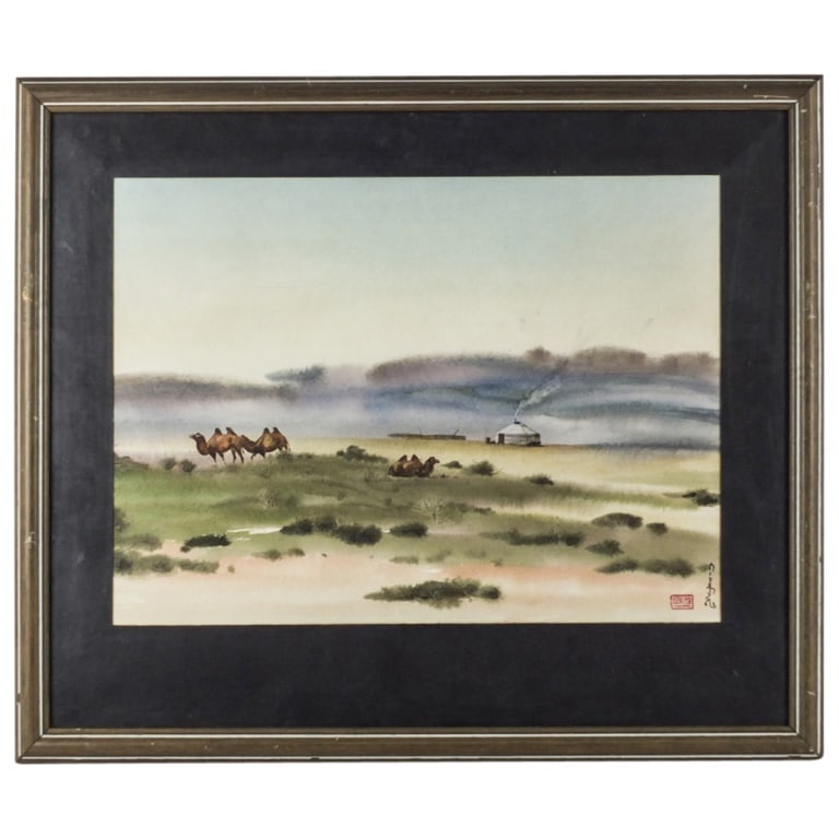 Vintage Mongolian Watercolor / Paper: Vintage Mongolian Watercolor on Paper "A yurt on the steppes of Mongolia" Signed , stamped Lower Right. Sight measures 11" x 14-7/8". Frame measures 16-7/8" x 19-7/8". Condition: Good condition.