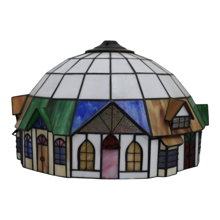 20th C Leaded & Stained Glass "Cottage" Lamp Shade: Large Vintage Stained and Leaded Glass Dome Lamp in a "cottage" motif. Unsigned. Measures 9" H x 14" W. Condition: Good condition. Estimate 40 - 60 Domestic shipping Third Party
