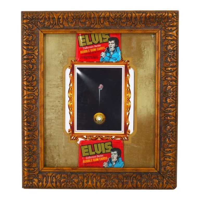 Framed Elvis Hair Strand & 2 Unopened Card Packs: Framed Elvis Hair Strand & 2 Unopened Card Packs. COA attached to verso. Measures 15-1/2" x 13-1/2". Condition: Good condition consistent with age. Estimate 50 - 100 Domestic shipping Third Party