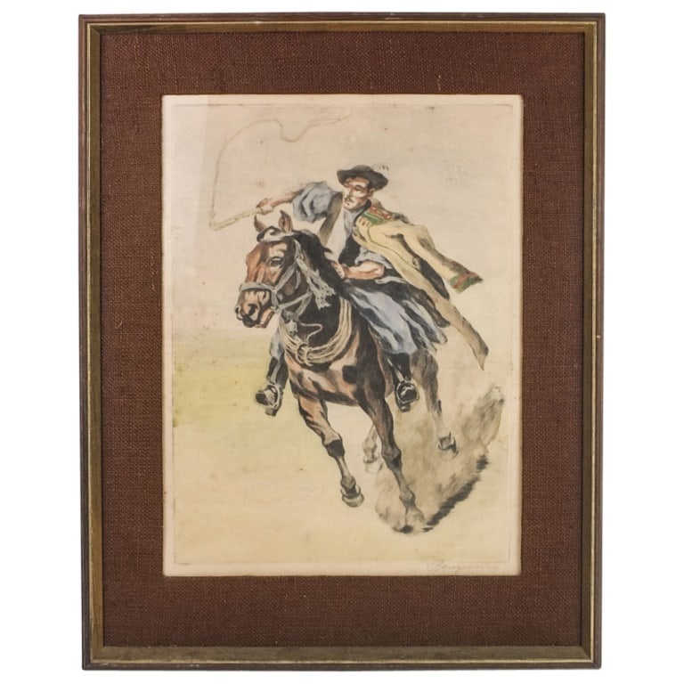 Istvan Benyovszky Hand Colored Etching "Rider": Istvan Benyovszky, Hungarian (1898 - 1969) Hand Colored Etching on Paper "Horse Rider" Signed Lower Right. Measures 20-1/2" x 15-1/4". Frame measures 27-3/4" x 21-7/8". Condition: Toning to the paper.