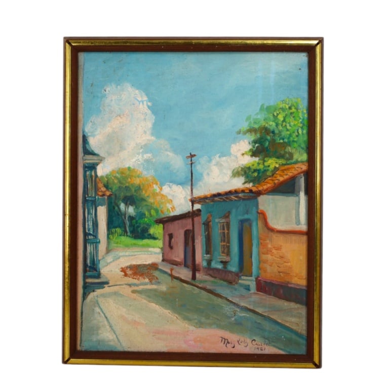 1981 Latin School Oil on Canvas "Village Street": 1981 Latin School Oil on Canvas "Village Street". Signed and dated lower right. Measures 15-1/2" x 12", frame 17" x 13-1/2". Condition: Good condition. Estimate 50 - 100 Domestic shipping Third Party
