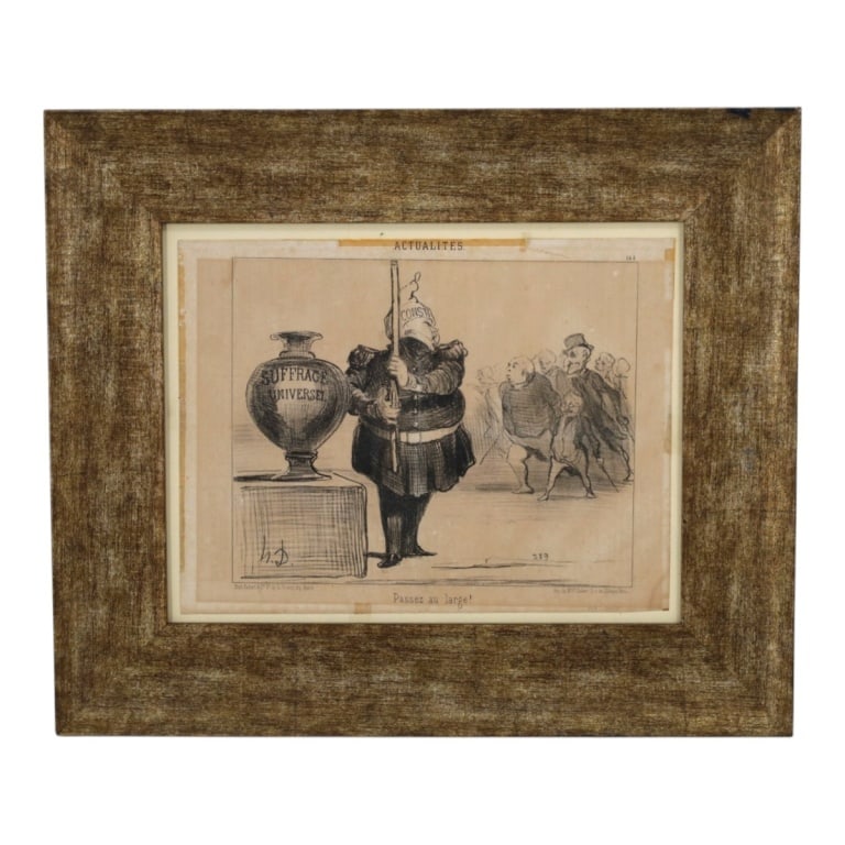Honore Daumier Antique Lithograph "Actualities": Honore Daumier , (French 1808-1879) Antique Lithograph "Actualities". Signed in plate. Framed and under glass. Measures 10" x 13", frame 16-1/2" x 19-1/2". Condition: Toning, remnants of tape on