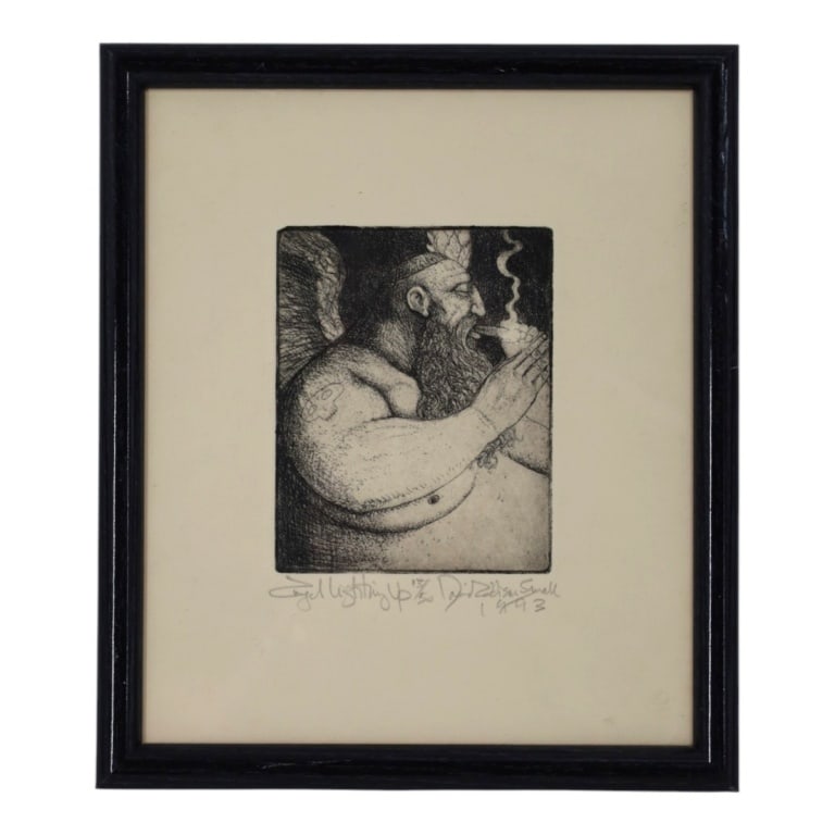 David Addison Small Etching "Angel Lighting Up": David Addison Small (American, 20/21st C) Etching "Angel Lighting Up". Inscribed, signed, numbered 13/50 and dated 1993. Framed under glass. Measures 10-3/4" x 9-1/4" overall including frame. Conditio
