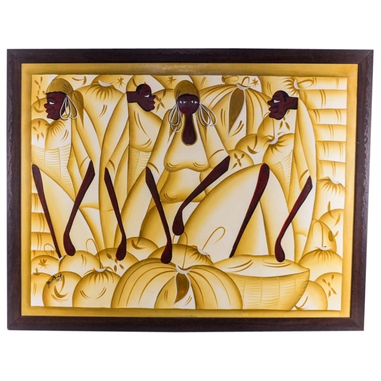 Vintage Haitian O/C: Vintage Haitian Oil on Canvas "Village Scene" Signed Lower Left. Measures 28-3/4" x 37-5/8". Frame measures 32" x 40-7/8". Condition: Good condition. Estimate 50 - 150 Domestic shipping Third Party
