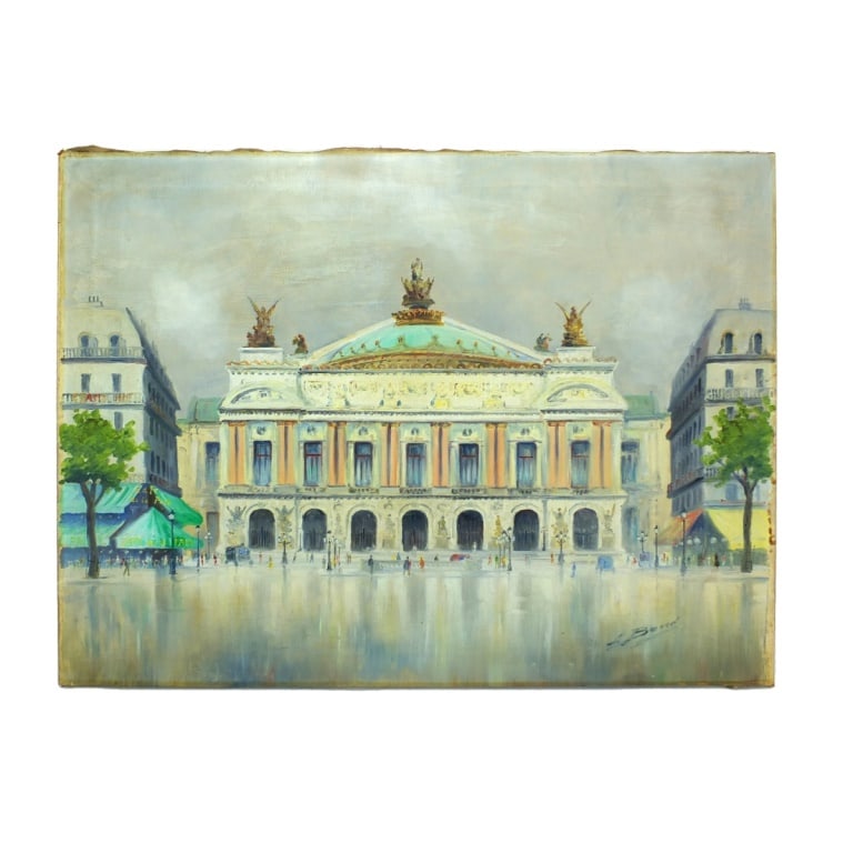 L. Barre O/C "Francois Gerome Place de l'Opera": L. Barre, French (19/20th Century) "Francois Gerome Place de l'Opera" Oil on Canvas, Signed Lower Right. Unframed. Measures 24" x 30". Condition: Yellowing to the canvas otherwise good condition.