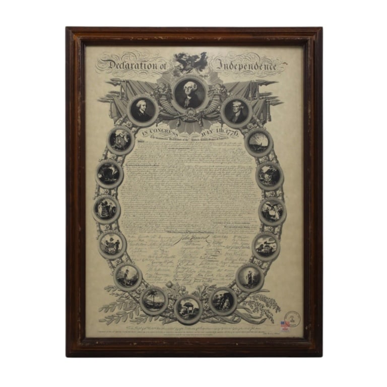 "Declaration of Independence" 1976 Lithograph: 1976 lithograph on paper "Declaration of Independence", John Binns, engraver 1891. Postmarked July 4, 1976, Bicentennial Postage Stamp. Framed under glass. Measures 24" x 18" (sight), frame 27" x