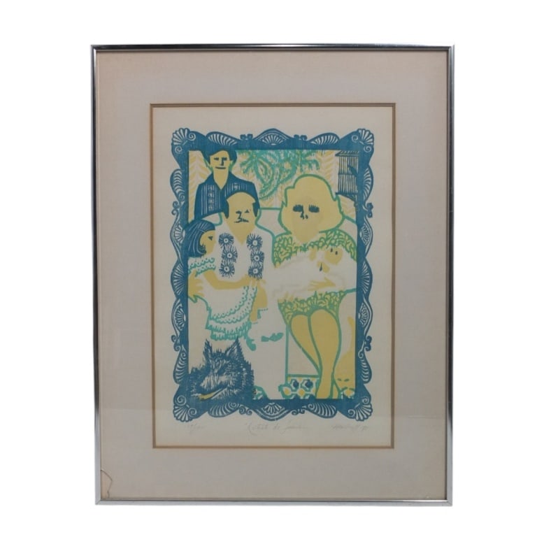 Antonio Martorell Lithograph "Retrato de Familia": Antonio Martorell (Puerto Rican, b. 1939) Color Lithograph "Retrato de Familia". Pencil signed, dated 1976 and numbered 159/500. Artists bio affixed to verso. Framed under glass. Measures 26" x 20",