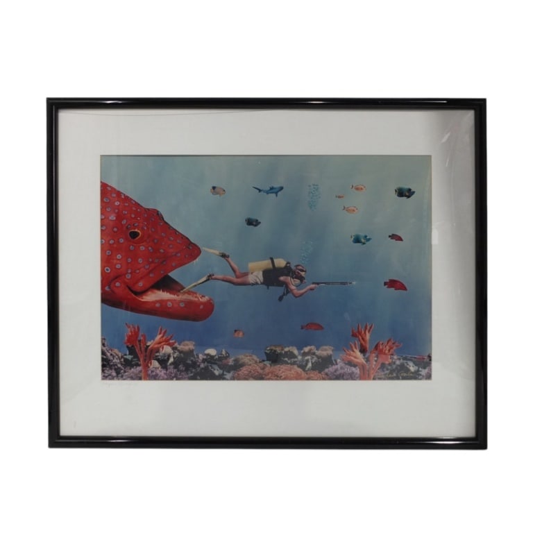 Michael Combs Photoprint "Groupers Revenge" 1996: Michael Combs Photoprint "Groupers Revenge". Signed and titled by the artist, labeled and stamped. Framed under plexi-glass. Measures 16" x 23-1/2", frame 25-3/4" x 31-1/2". Condition: Good condition.