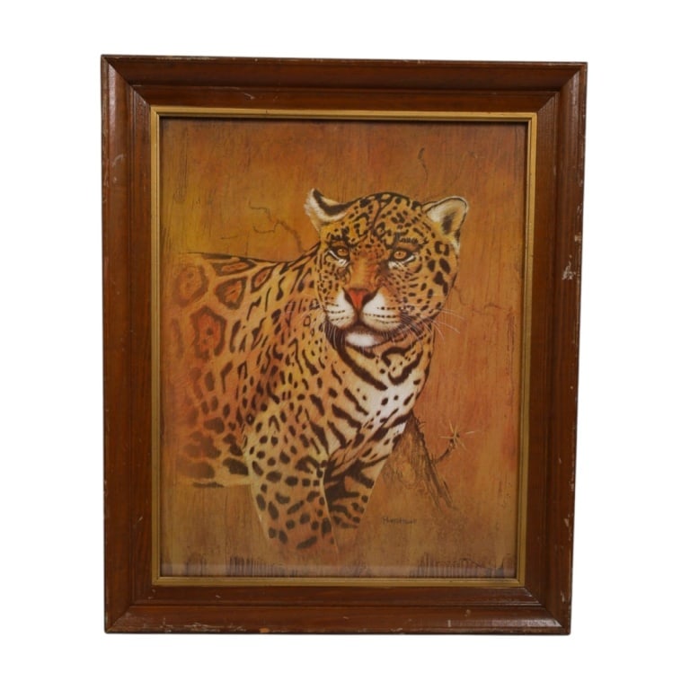 Richard Hinger Offset Lithograph "Leopard": Richard Hinger (American, b. 1937) Offset Lithograph "Leopard". Facsimile signature. Framed under glass. Measures 23-1/2" x 19-1/2" overall. Condition: The wood frame with scuffs or in good condition.