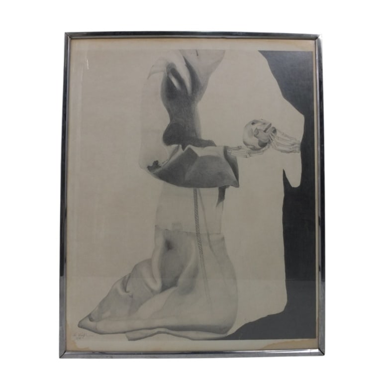 Original 1976 Surrealist Pencil Drawing "Skeletal": Original 1976 Surrealist Pencil Drawing "Skeletal Figure Holding a Skull". Signed E. Winper? '76 lower left. Framed under glass. Measures 30" x 24", frame 31" x 24-3/4". Condition: Toning, stains. Est