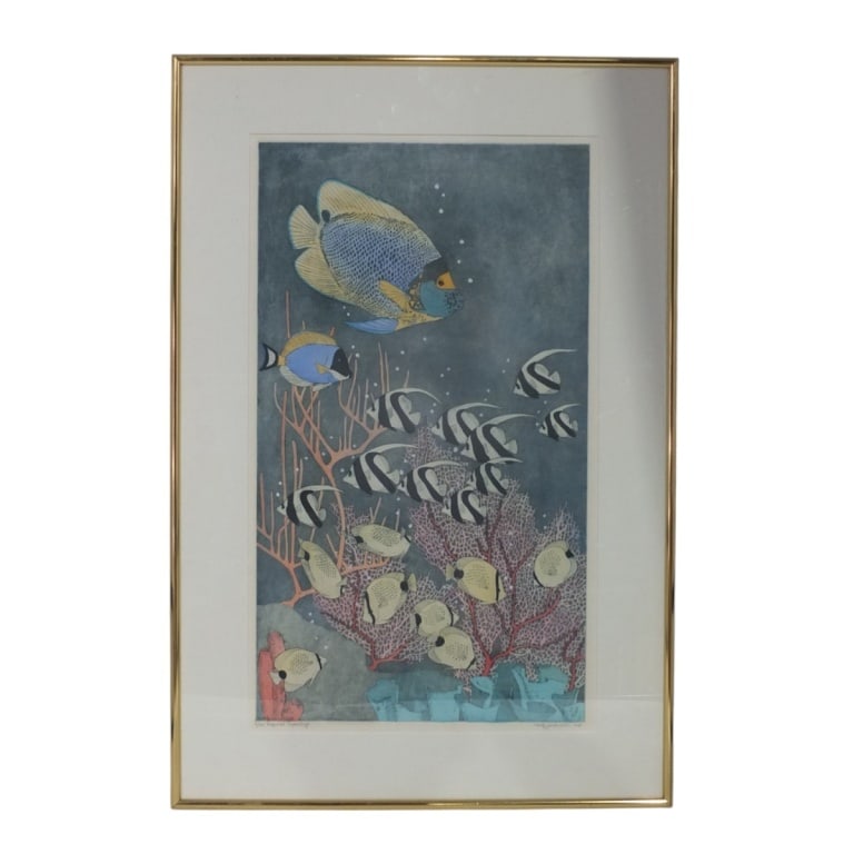 Mitzi Johnston Color Lithograph: Tropical Tapestry: Mitzi Johnston (Florida, 20th C) Color Lithograph "Tropical Tapestry". Pencil signed, titled and numbered 9/150. Framed under glass. Measures 28-1/2" x 16-1/2", frame 36-1/4" Condition: Good condition
