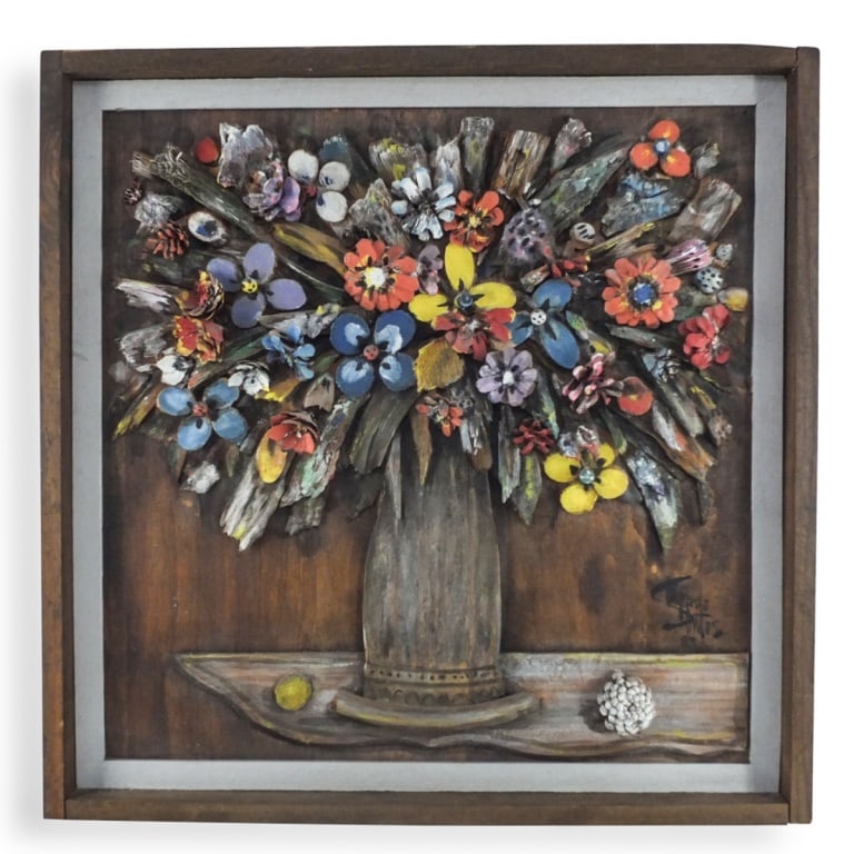 Vintage 3-Dimensional Oil on Wood Carved Panel: Vintage 3-Dimensional Oil on Wood Carved Panel of a Still Life. Signed lower right. Frame measures 25-1/2" x 25-1/2". Condition: Good condition. Estimate 50 - 150 Domestic shipping Third Party