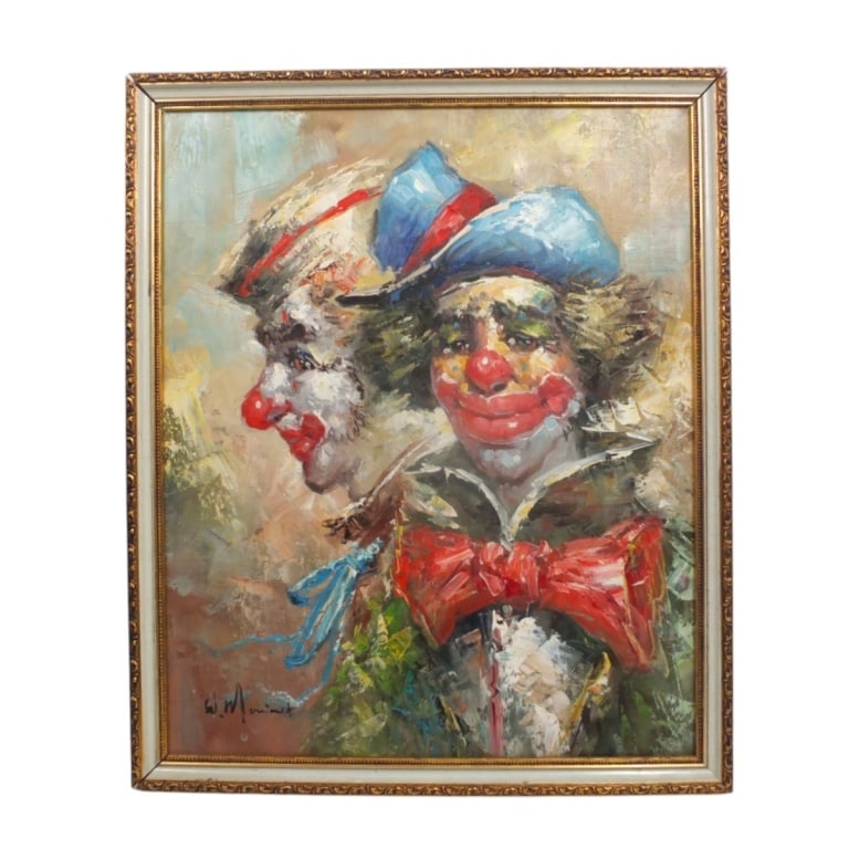 William Moninet Oil/Canvas "Impressionist Clowns": William Moninet (1937-1999) Oil on Canvas "Impressionist Clowns". Signed lower left. Measures 22" x 18", frame 24" x 20". Condition: Good condition. Estimate 100 - 300 Domestic shipping Third Party
