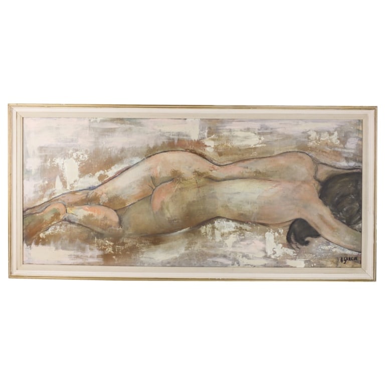 C. Garcia (20th C.) Hand Embellished Giclee: C. Garcia (20th Century)Hand Embellished Giclee on Masonite Board "Reclining Nude" Signed Lower Right. Inscribed and numbered 125/243 en verso. Sight measures 16-7/8" x 39-1/4". Frame measures 19-7/8"