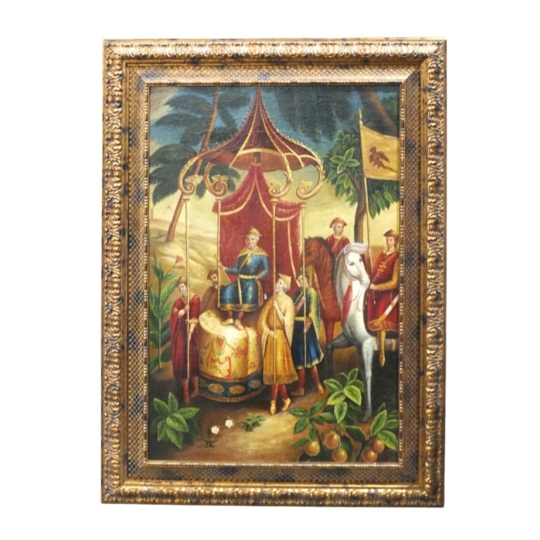 Large Maitland Smith Oil/Cardboard "Chinoiserie": Large Maitland Smith Oil on Cardboard "Chinoiserie". In decorative wood frame. Textured to resemble Craquelure. Unsigned. Measures 48" x 32", frame measures 60" x 44". Condition: Good condition.