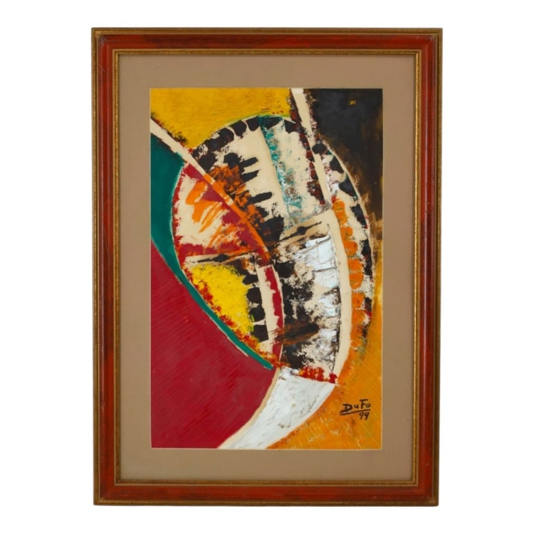 Contemporary Mixed Media "Abstract"Signed DuFo '99: Contemporary Mixed Media "Abstract". Signed DuFo '99 lower right. Framed under glass. Measures 16-1/2" x 10-1/2", frame 22" x 16". Condition: Good condition. Estimate 40 - 100 Domestic shipping Third