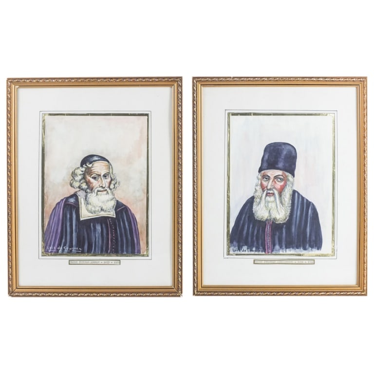 Luis de Gongora 2 Watercolors "Rabbi Portraits": Luis de Gongora (20th-21st century) Pair of Framed Judaica Watercolor "Portraits of Rabbis". Signed. Sight measures 9-3/4" x 7-1/4". Frame measures 15" x 12-1/8". Condition: Good condition. Estimate