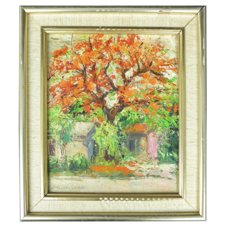 J. Wlodarczyk Oil/Canvas "Village Scene": J. Wlodarczyk, Polish (20th Century) Oil on Canvas "Village Scene" Signed Left. Sight measures 9-1/2" x 7-1/2". Frame measures 12-1/2" x 10-1/2". Condition: Good condition. Estimate 50.00 - 150.00