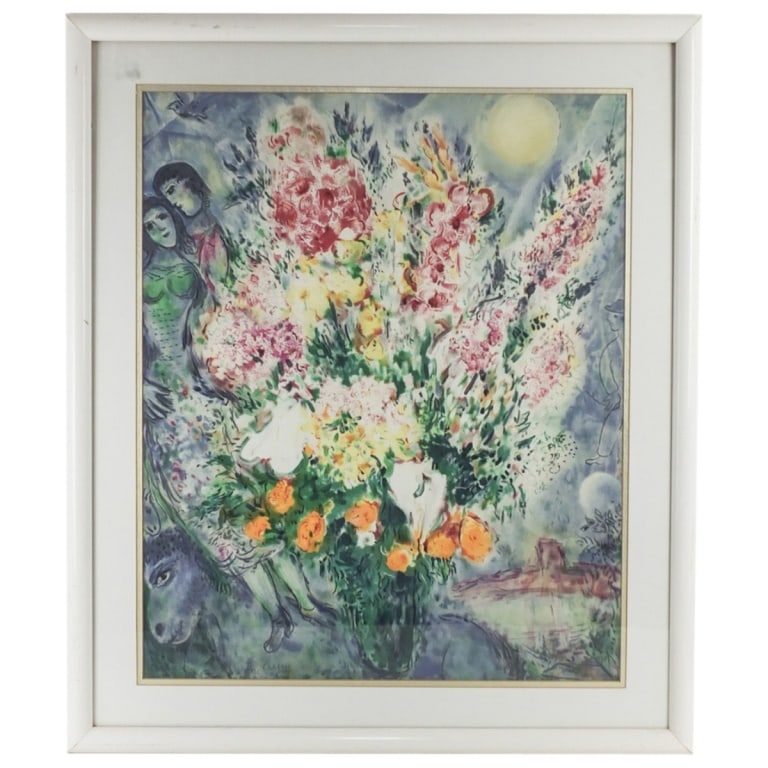 Marc Chagall Photolithograph "Bouquet de Fleurs": Marc Chagall, Russian (1887-1985) Photolithograph "Bouquet de Fleurs". Signed in print. Framed under glass. Measures 32" x 27", frame 34" x 29". Condition: Good condition. Estimate 60 - 120 Domestic