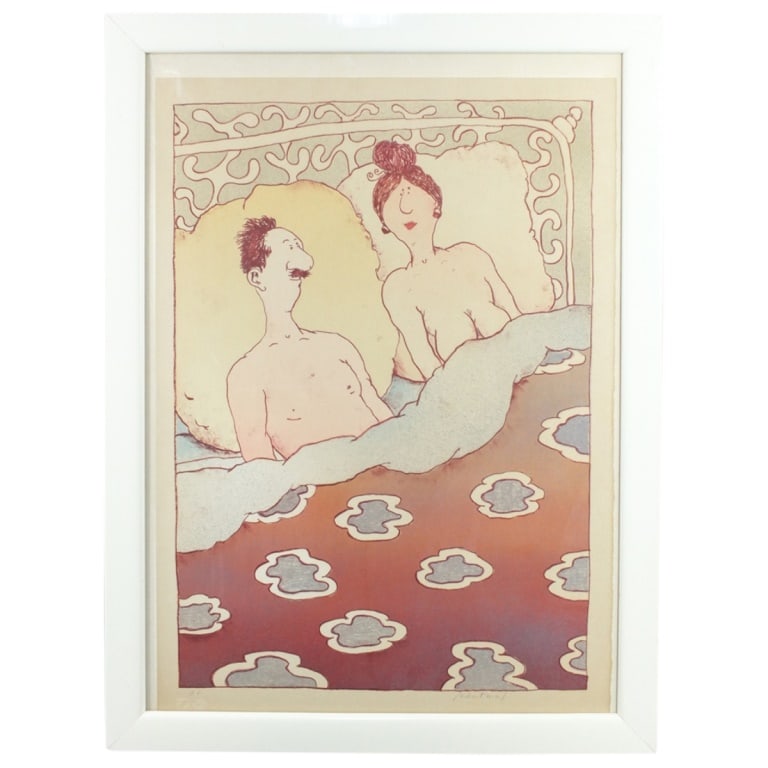 Robert Weil, American (B. 1945): Robert Weil, American (B. 1945) Artist Proof Lithograph on Paper "Couple in Bed" Signed and Marked E.A, Watermarks lower left. Measures 26-1/2" x 18-1/4". Frame measures 23-1/8" x 24-7/8". Condition: 