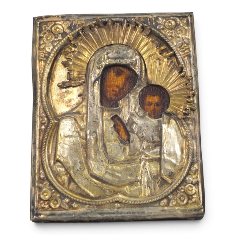 Antique Russian Icon "Madonna & Child": Antique Russian Icon "Madonna & Child". Brass overlay, oil on board. Unsigned. Measures 9" x 7". Condition: Crazing and wear consistent with age. Estimate 200 - 400 Domestic shipping Third Party