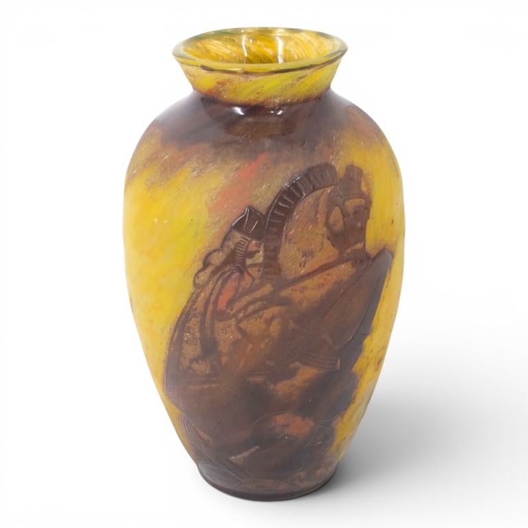 Antique Art Deco Robj Paris Cameo Glass Vase: Antique Art Deco Robj Paris Cameo Glass Vase. Horse & rider motif. Signed. Measures 12" H. Condition: No chips or cracks, good condition. Estimate 400 - 700 Domestic shipping Third Party