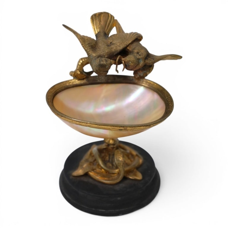 19C French Art Nouveau Grotto Shell Vide Poche: 19C French Art Nouveau Grotto Shell Souvenir Bronze and Mother of Pearl (nacre) Trinket Dish/Vide Poche. Features an intricate lovebirds and cobra motif on onyx base. Unsigned. Measures 5-1/2" H.