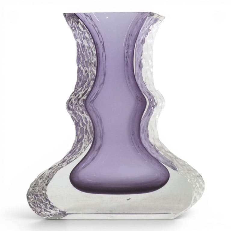Attrib: Mandruzzato Murano Glass Sommerso Vase: Attrib: Mandruzzato, Murano Glass Purple "Sommerso" Vase. Unsigned. Measures 9-1/2" H x 8-1/2" x 2-1/2". Condition: 3 TINY flea bites on top edge. 1 bottom edge. Estimate 150 - 350 Domestic shipping