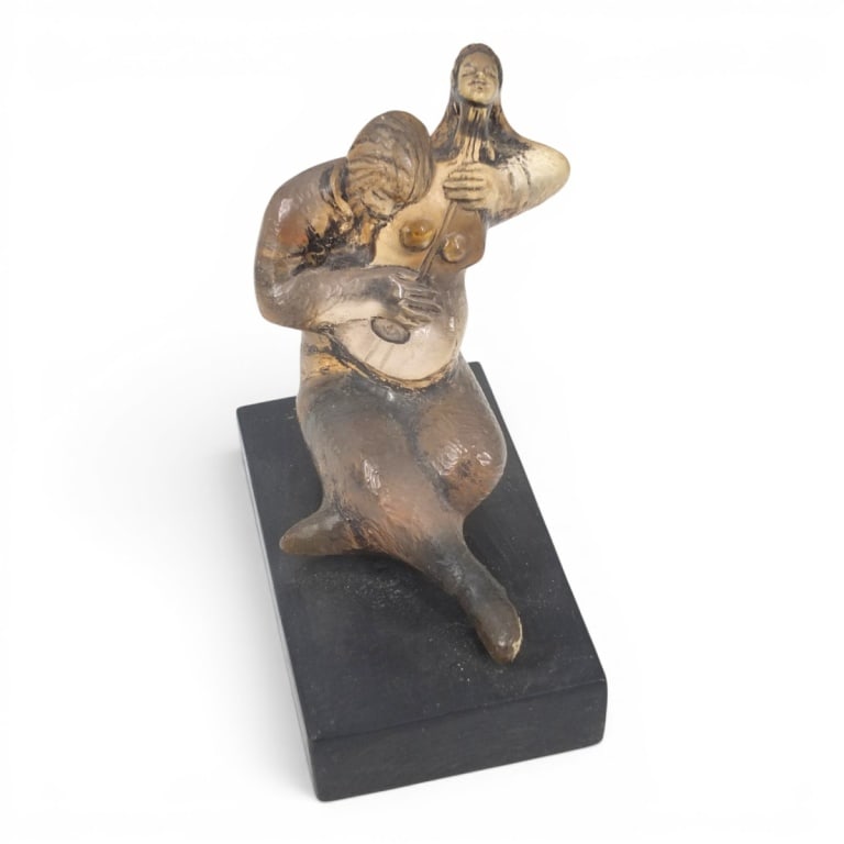 Seitzinger Brutalist Resin Sculpture "Music Lover": Vintage Brutalist Resin Sculpture "Music Lover". Wood base. Signed Seitzinger on base. Measures 8" x 7" x 4". Condition: Wear to patina consistent with age. Estimate 120 - 240 Domestic shipping Third