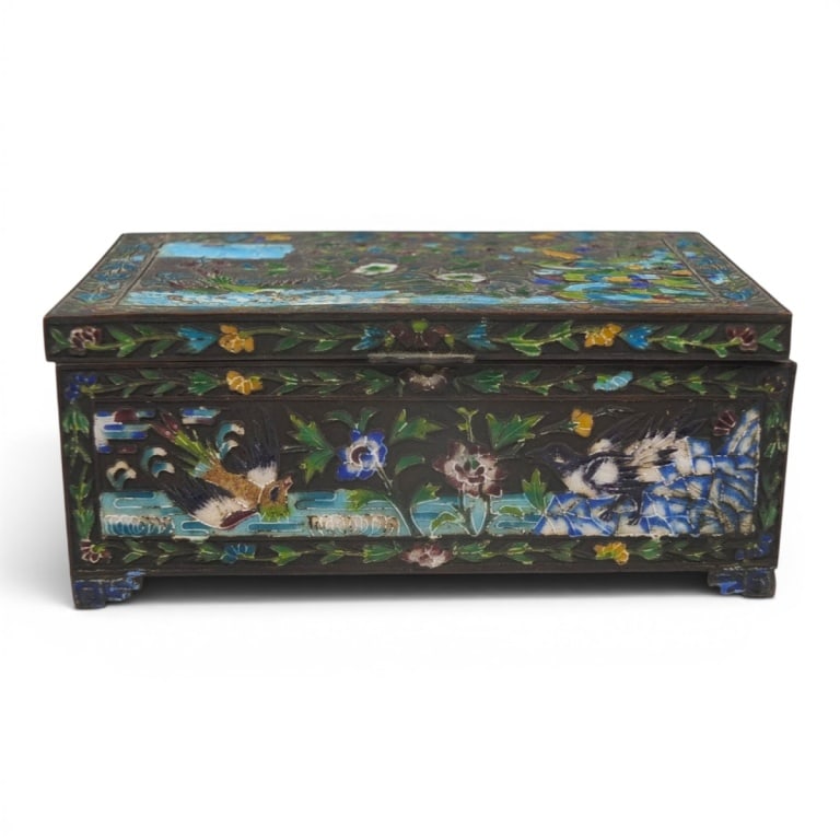 Antique Chinese Cloisonne Enamel Stamp Box: Antique Chinese Cloisonne Enamel Box. Wood lined. Unsigned. Measures 2" x 5" x 3-1/4". Condition: Light wear consistent with age and use. Overall good condition. Estimate 100 - 300 Domestic shipping