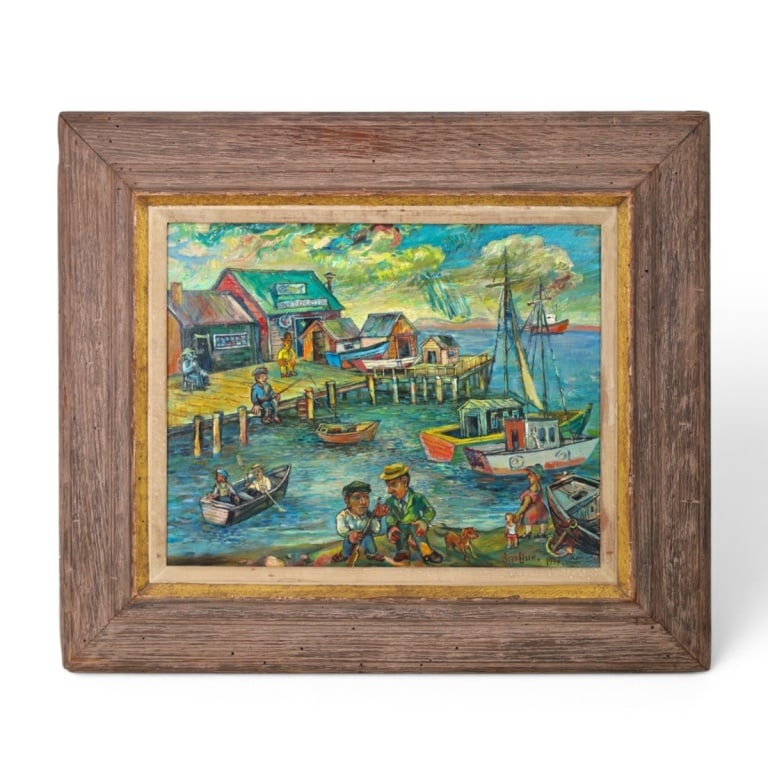 Attrib: David Burliuk Oil on Board "Fishing Dock": Attributed to: David Burliuk (Ukrainian, 1882-1967) Oil on Artist's Board "Fishing Dock". Signed and dated 1944 lower right. Measures 16" x 20", frame measures 25-1/2" x 29-1/2". A piece listed as "at