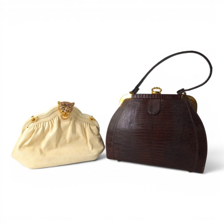 (2) Vintage Snakeskin Handbags Finesse La Model +: (2) Vintage Snakeskin Handbags. Includes Finesse La Model Ivory snakeskin evening bag with gold chain and hardware, pocketed leather interior and mirror. Signed. Measures 7" x 10" x 3". Brown snakeski