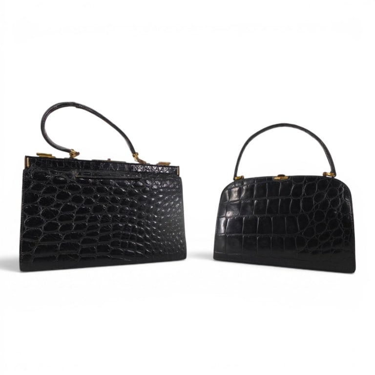 2 Mid Century French Black Alligator Purses: 2 Mid Century French Black Alligator Purse Possibly Lucille de Paris or similar. Pocketed leather interior. 1 with coin purse. Gold tone hardware. Stamped Made in France & Made in France for Gimbel Br