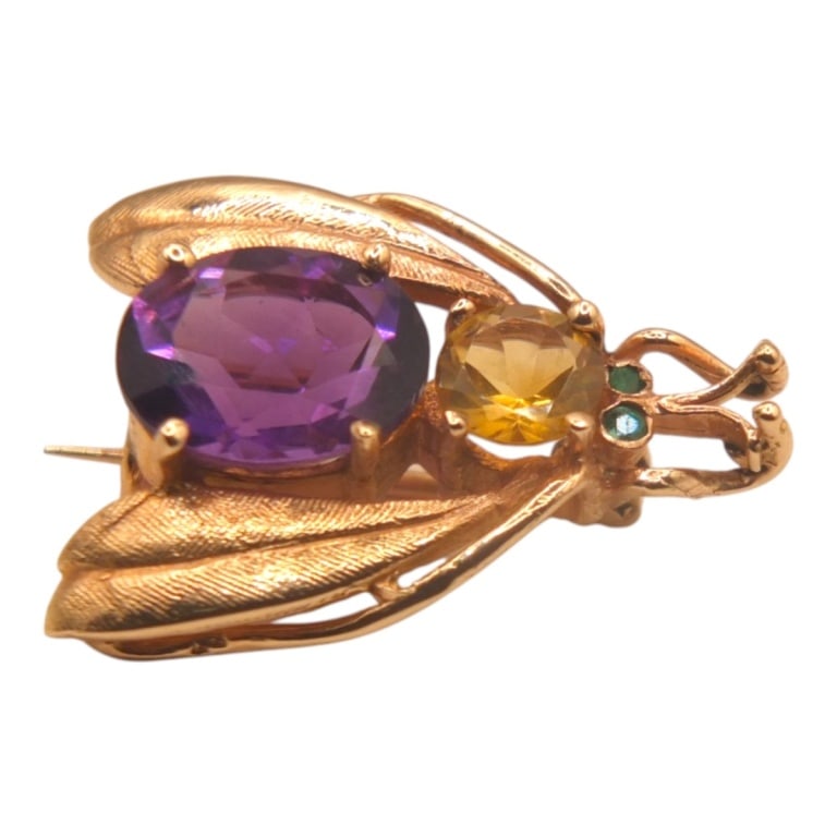 Vintage 14K & Gemstone Bug Pin / Brooch: Vintage 14 Karat Yellow Gold, Amethyst, Citrine, and Emerald Bug Pin / Brooch. Measures 1-1/4" x 3-4". Approx. weight: 5.4 grams. Condition: Good condition. Estimate 400 - 800 Domestic shipping Third 