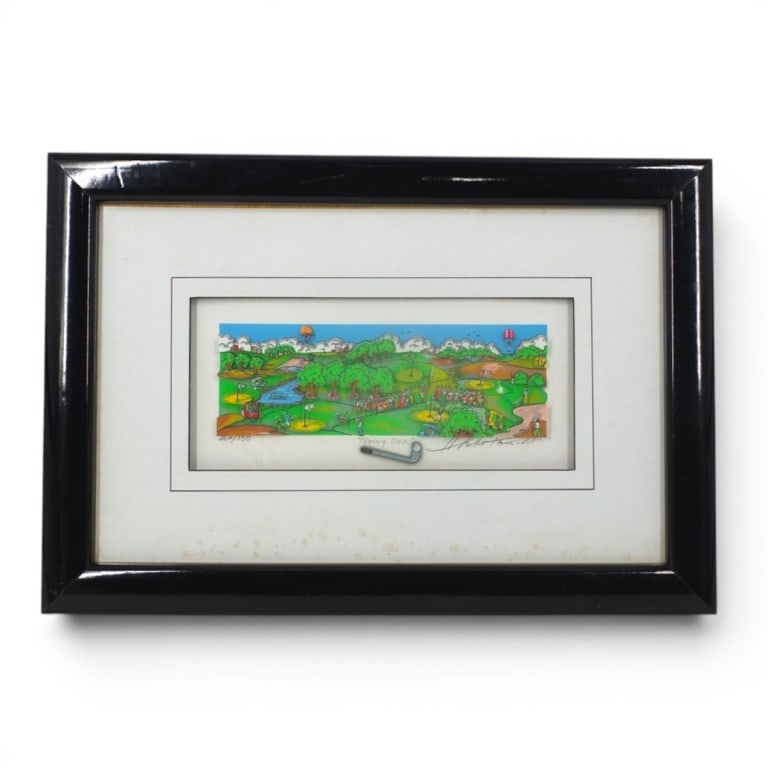 Charles Fazzino (American, b. 1955): Charles Fazzino (American, b. 1955) 3D serigraph in color with acrylic glitter paint "Teeing Off!" Signed and Numbered 257/350. Wentworth Gallery label attached en verso. Sight measures 5" x 11". Fram