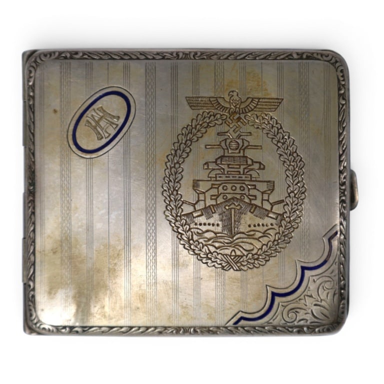German WWII Naval Cigarette / Card Case: German WWII Naval Engraved and Enameled Cigarette / Card Case. Engraved on the interior. Marked Alpacca silver. Measures 3" x 3-1/2". Please note; this item has not been authenticated by a