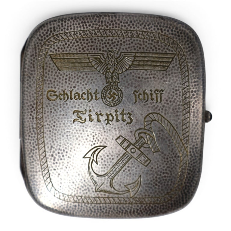 German WWII Naval Cigarette / Card Case: German WWII Naval Engraved Cigarette / Card Case. Engraved on the interior. Measures 3-1/2" x 3-1/4". Please note; this item has not been authenticated by a third-party expert. The seller makes no