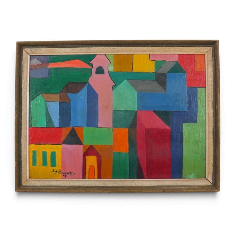 Mid Century Oil/Board "Abstract Cubist Landscape": Mid Century Oil on Masonite "Abstract Cubist Landscape". Signed Eve ???, dated '60 lower left, label verso: Merrick Art Galleries. Measures 9-3/4" x 13-3/4", frame 11-1/2" x 15-1/2". Please note;