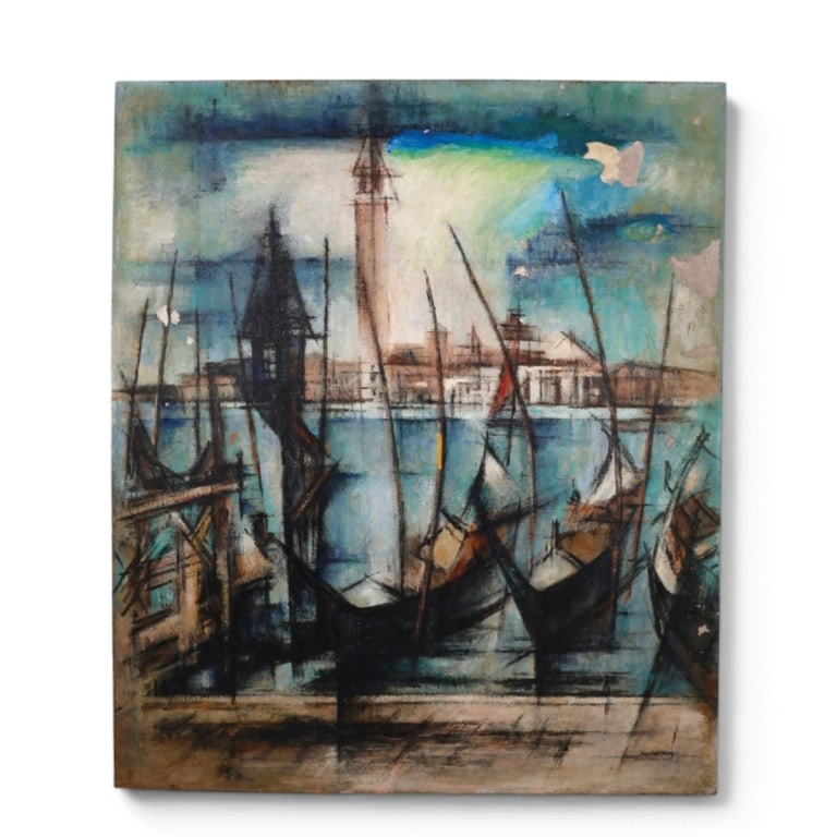 Anne Kolb Henry Oil on Masonite "Harbor Scene": Anne Kolb Henry (20th C) Vintage Oil on Masonite "Harbor Scene". Signed lower right. Unframed. Measures 40" x 34". Condition: Craquelure, flaking, paint loss. Estimate 100 - 200 Domestic shipping