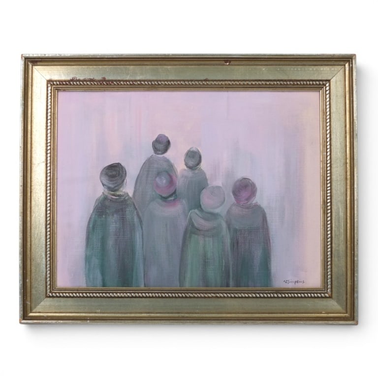 Carmen Z Simpkins (1912 - 2011): Carmen Z Simpkins, American (1912 - 2011) Oil on Board "Group of Figures" Signed Lower Right. Measures 12" x 16". Frame measures 16-1/4" x 20-1/4". Condition: Good condition. Estimate 100 - 400