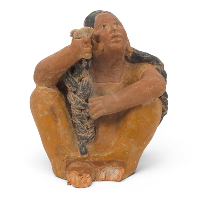 Taller Amerindio Chilean Folk Art Red Clay Figure: Vintage Taller Amerindio Chilean Folk Art Red Clay Figure. Unsigned. Measures 9" H x 8" W. Condition: Losses to feet, wear consistent with age and use. Estimate 60 - 120 Domestic shipping Third Party