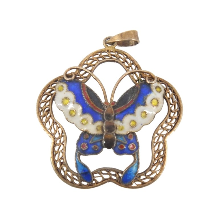 Vintage Silver and Cloisonne Butterfly Pendant: Vintage Silver and Cloisonne Butterfly Pendant. Features gold plated silver filigree with multi-colored butterfly. Stamped Silver. Measures 1-1/4". Condition: Good condition. Estimate 40 - 60