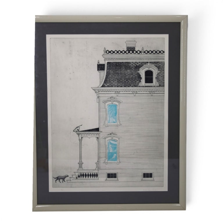 Nancy Reinke (1931 - 2009): Nancy Reinke, American (1931 - 2009).Etching on Paper "Dream House" Signed and Numbered 23/75. Blindstamp lower left. Sight measures 24" x 18". Frame measures 30" x 24". Condition: Good condition.