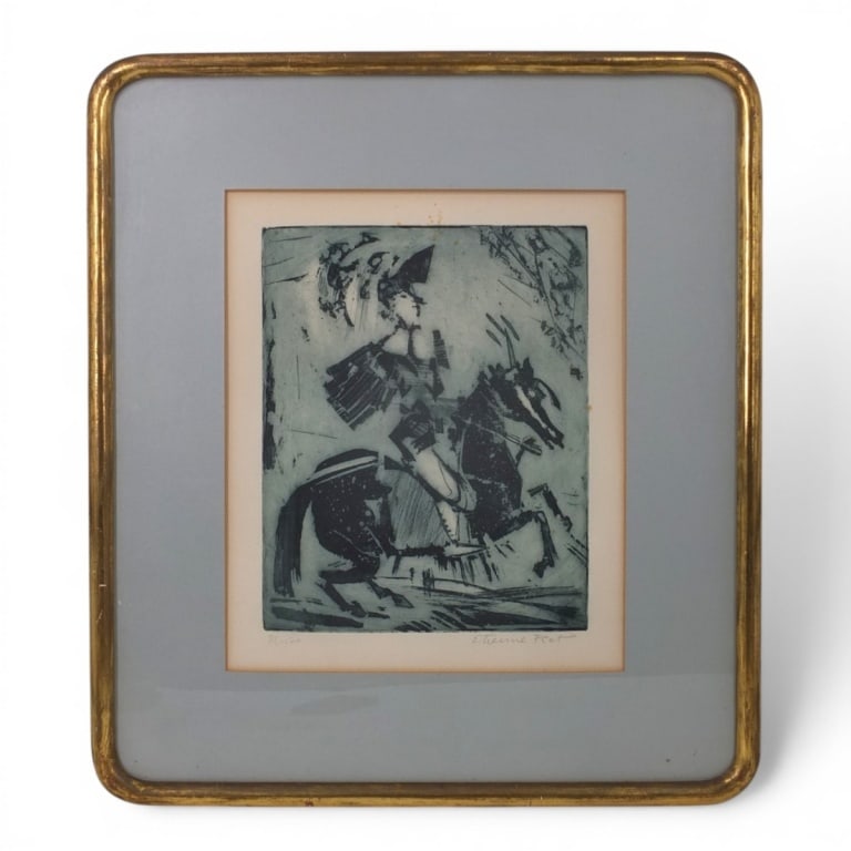 Etienne Ret, French (1900 - 1996: Etienne Ret, French (1900 - 1996) Etching on Paper "Figure on Horseback" Signed and Numbered 21/100. Sight measures 16" x 13-1/4". Frame measures 25-1/4" x 22-1/2". Condition: Foxing to the surface.