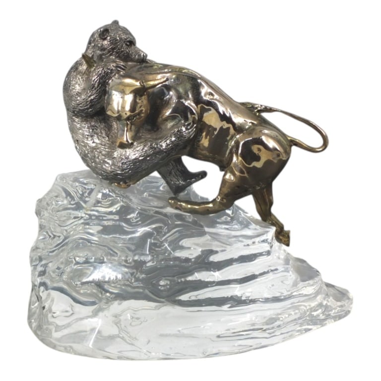 Yaacov Heller, Israeli (Born 1941) Sculpture: Yaacov Heller, Israeli (Born 1941) "Bull and Bear" Gold Wash Metal Sculpture Presented on A Lucite Base. Measures 8-1/2" x 9-1/2" x 5-3/4". Condition: Good condition. Estimate 200 - 400 Domestic