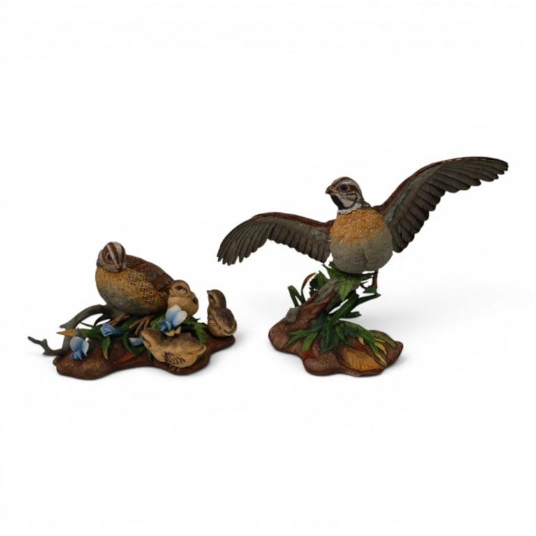 Boehm Large 2 Piece Porcelain Group "Quail Family": Boehm Large 2 Piece Porcelain Group "Common Quail Family". Signed, stamped Judaic Collection, Honoring The State of Israel, #86 & 87. Measures approx. 10-1/4" H x 13-1/2" x 9" & 7" x 10-1/2" x 8"