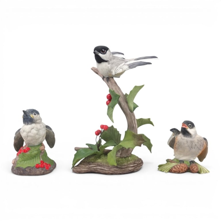 3 Boehm Porcelain Birds, Chickadee: 3 Boehm Porcelain Birds. Includes: Black Capped Chickadee on Holly Branch 7-3/4", Fledgling Chickadee 4", Baby Chickadee 3-1/2" Condition: Examined under black light, Baby chickadee with broken wing (